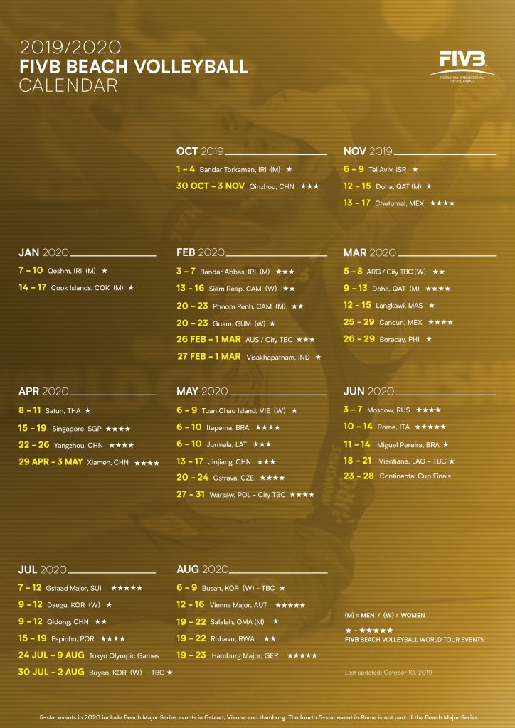 20192020 FIVB BEACH VOLLEYBALL WORLD TOUR CALENDAR ANNOUNCED FOR