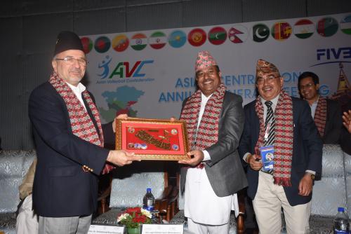 AVC CZ president receiving token of love from Sports Minister of Nepal